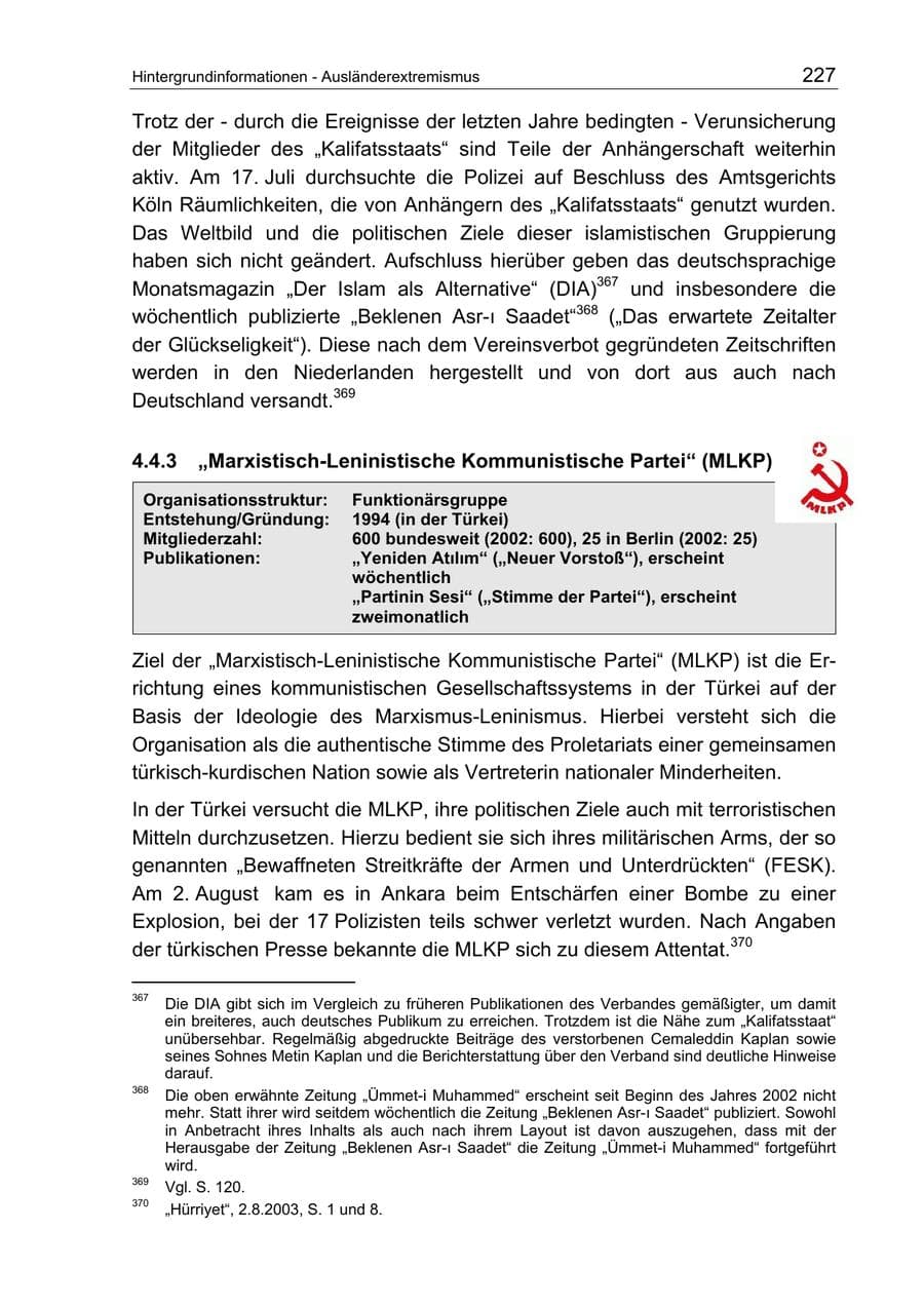 Seite 227 des Verfassungsschutzbericht 2003 Berlin