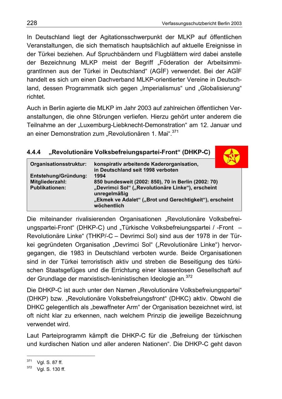 Seite 228 des Verfassungsschutzbericht 2003 Berlin