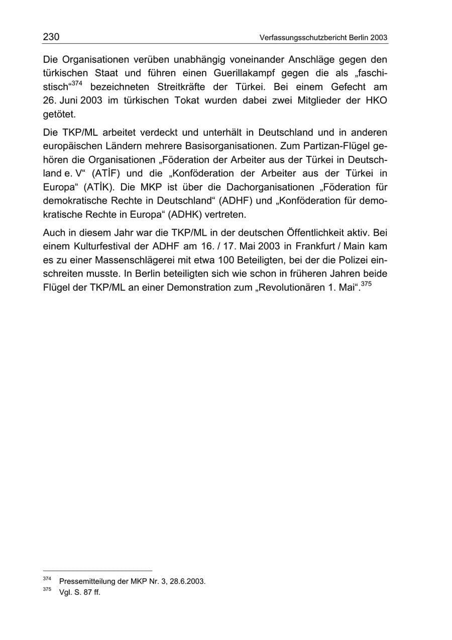 Seite 230 des Verfassungsschutzbericht 2003 Berlin
