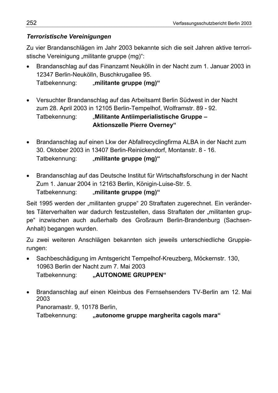 Seite 252 des Verfassungsschutzbericht 2003 Berlin