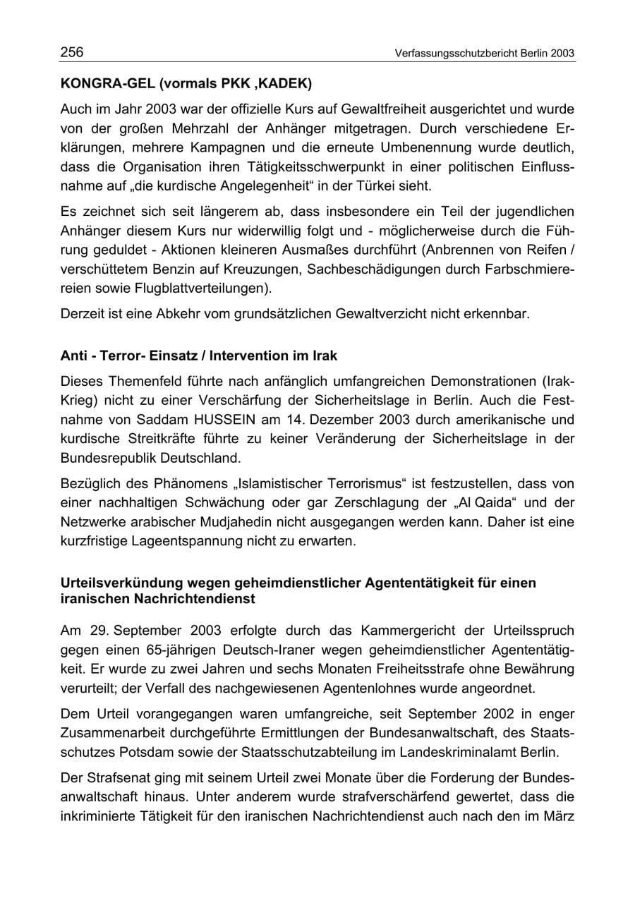 Seite 256 des Verfassungsschutzbericht 2003 Berlin