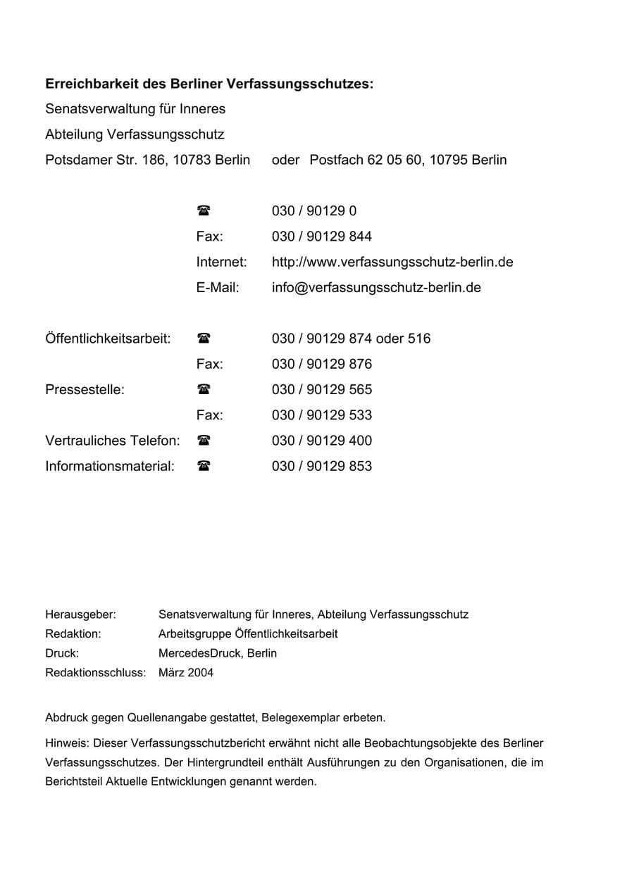 Seite 4 des Verfassungsschutzbericht 2003 Berlin