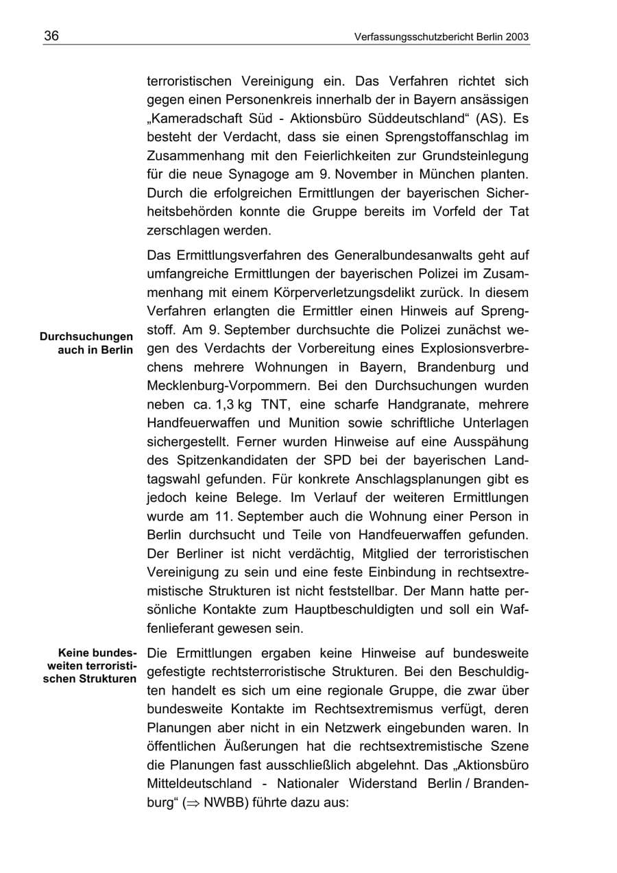 Seite 36 des Verfassungsschutzbericht 2003 Berlin