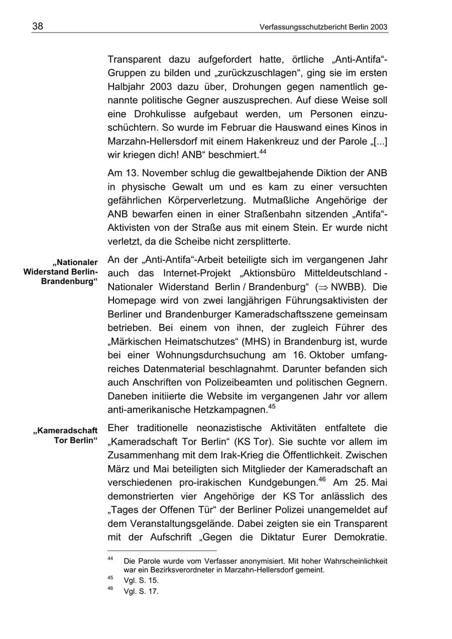Seite 38 des Verfassungsschutzbericht 2003 Berlin