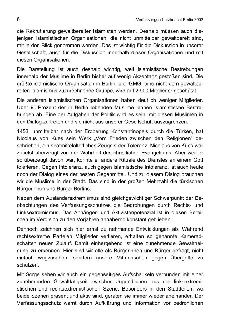 Seite 6 des Verfassungsschutzbericht 2003 Berlin