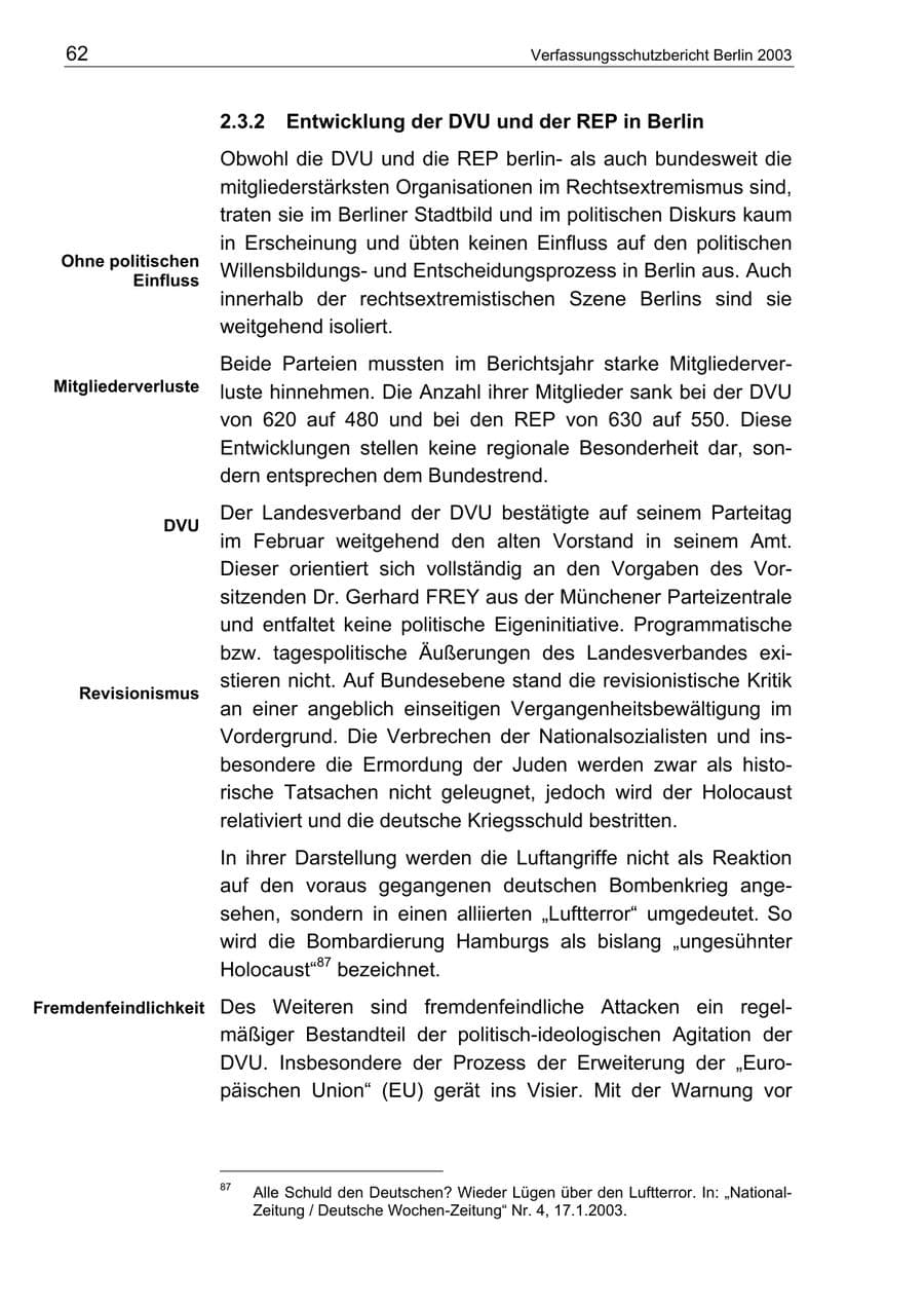 Seite 62 des Verfassungsschutzbericht 2003 Berlin
