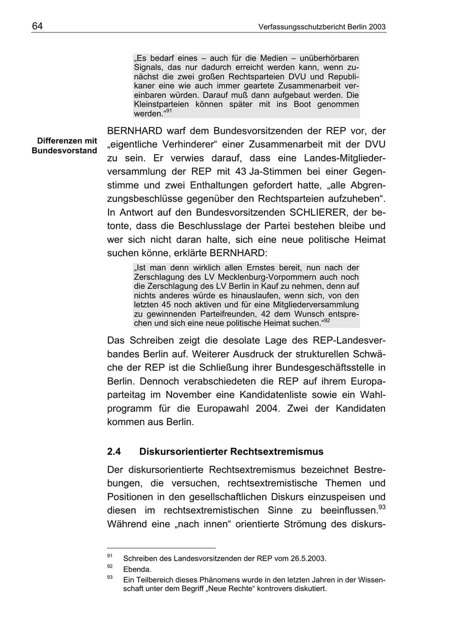 Seite 64 des Verfassungsschutzbericht 2003 Berlin