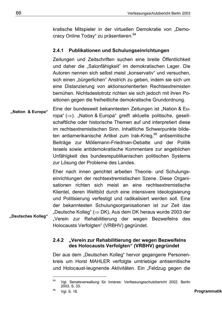 Seite 66 des Verfassungsschutzbericht 2003 Berlin