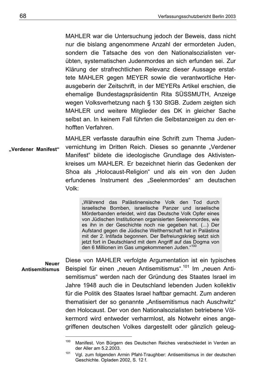 Seite 68 des Verfassungsschutzbericht 2003 Berlin