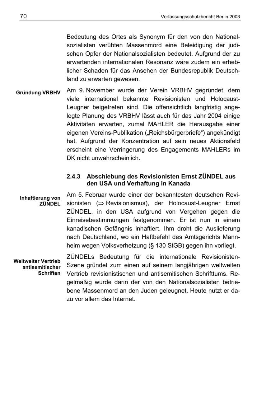 Seite 70 des Verfassungsschutzbericht 2003 Berlin