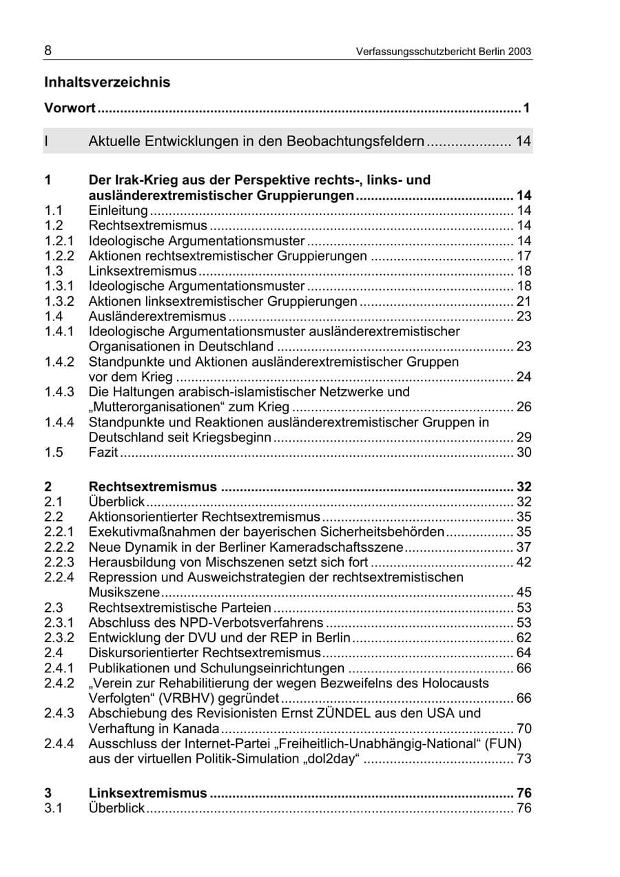 Seite 8 des Verfassungsschutzbericht 2003 Berlin
