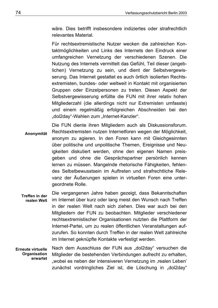 Seite 74 des Verfassungsschutzbericht 2003 Berlin