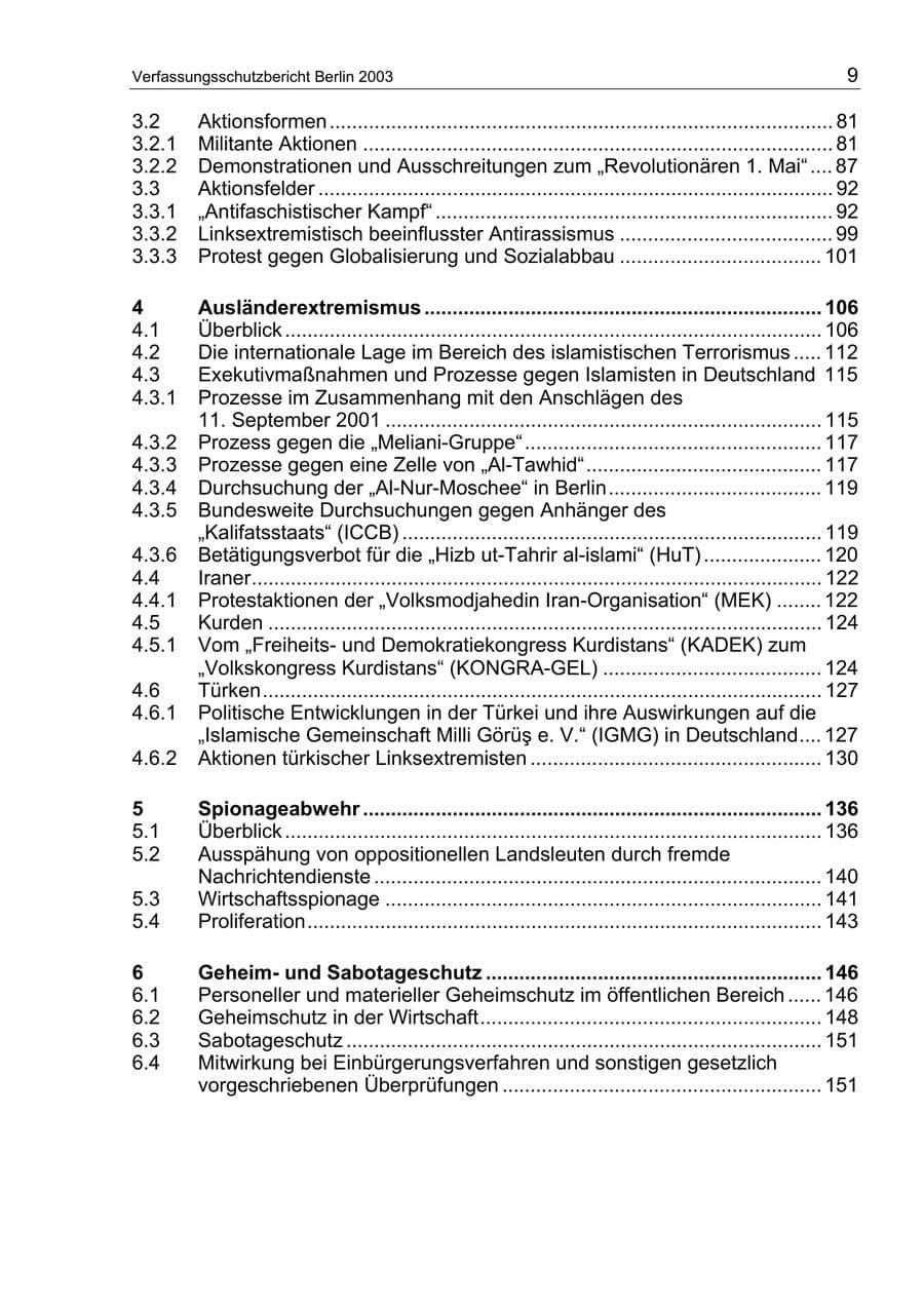 Seite 9 des Verfassungsschutzbericht 2003 Berlin