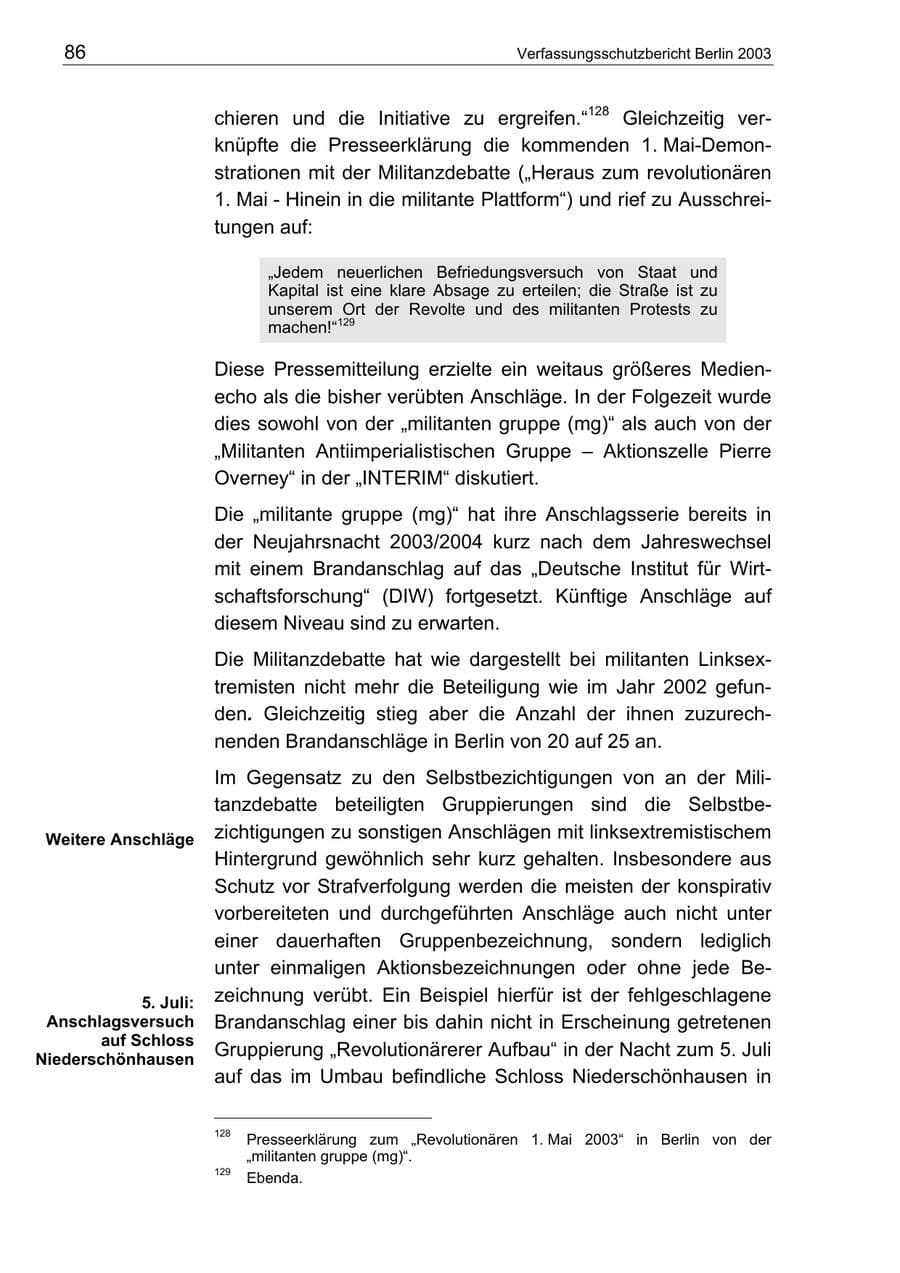 Seite 86 des Verfassungsschutzbericht 2003 Berlin