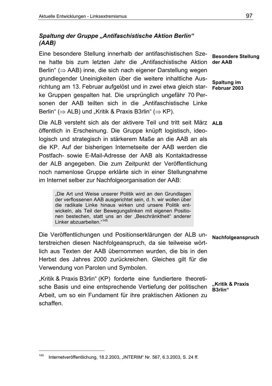Seite 97 des Verfassungsschutzbericht 2003 Berlin