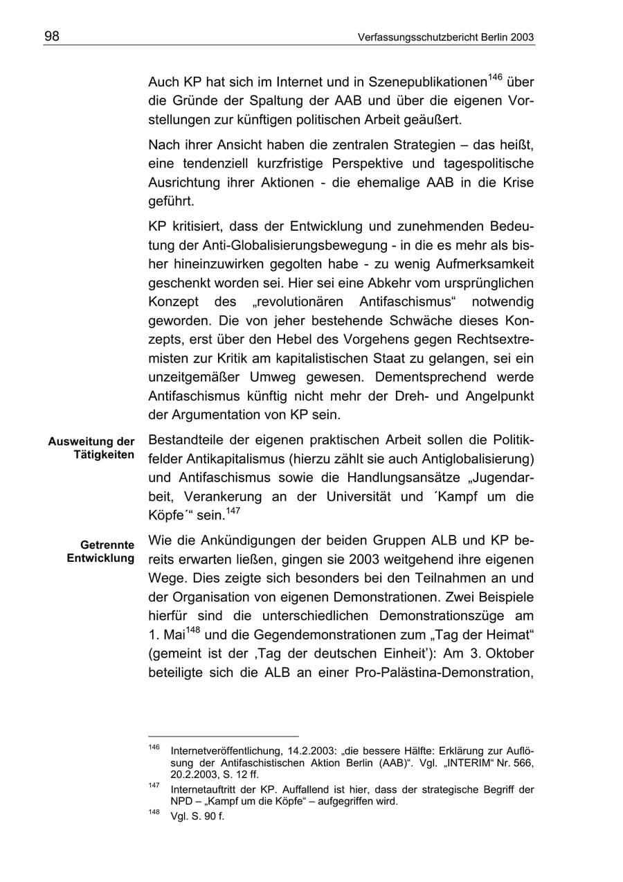 Seite 98 des Verfassungsschutzbericht 2003 Berlin