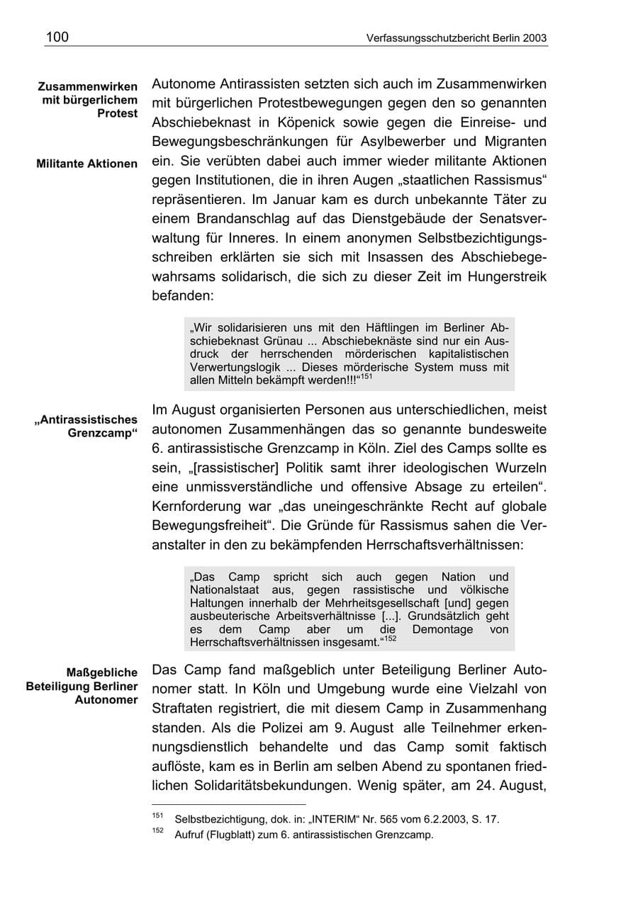 Seite 100 des Verfassungsschutzbericht 2003 Berlin