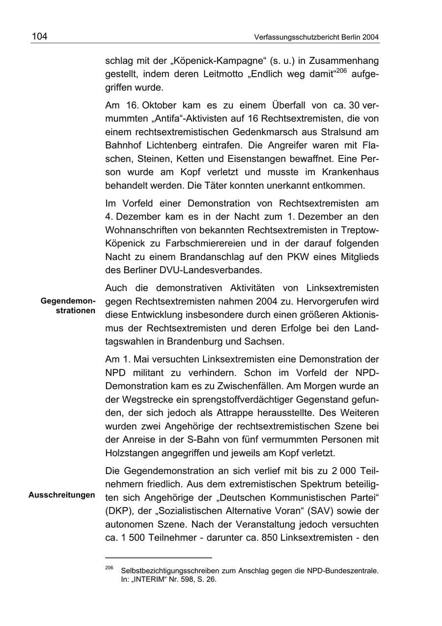 Seite 104 des Verfassungsschutzbericht 2004 Berlin