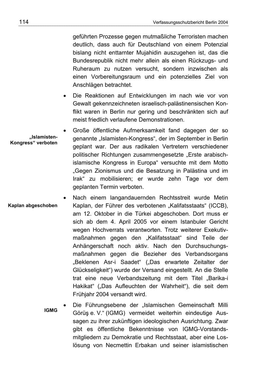 Seite 114 des Verfassungsschutzbericht 2004 Berlin