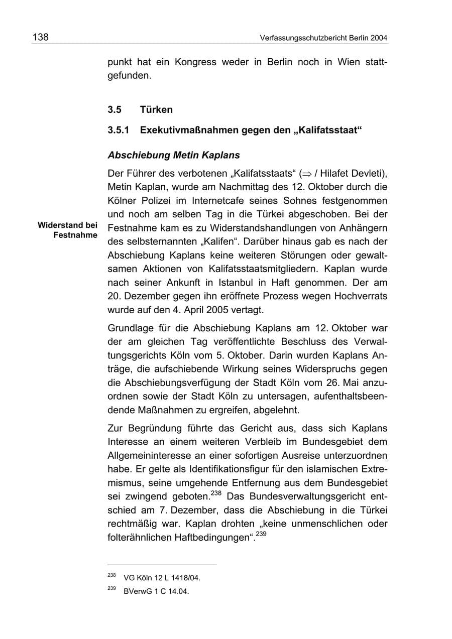 Seite 138 des Verfassungsschutzbericht 2004 Berlin