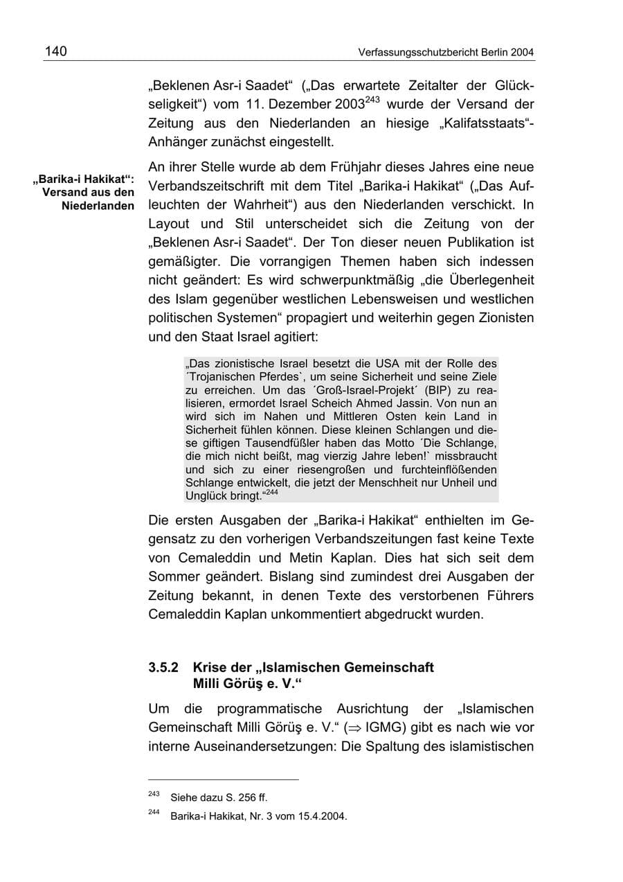 Seite 140 des Verfassungsschutzbericht 2004 Berlin