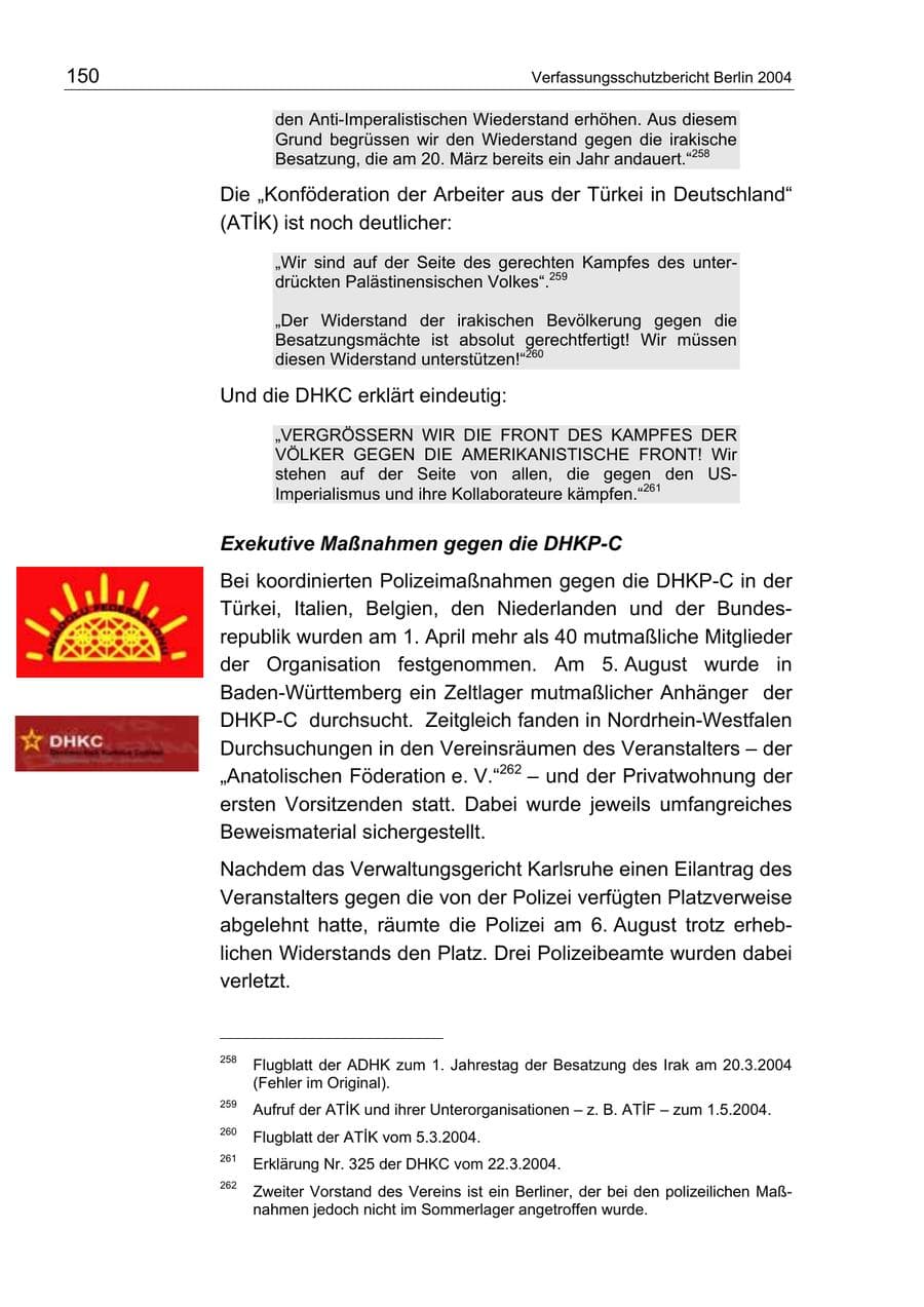 Seite 150 des Verfassungsschutzbericht 2004 Berlin