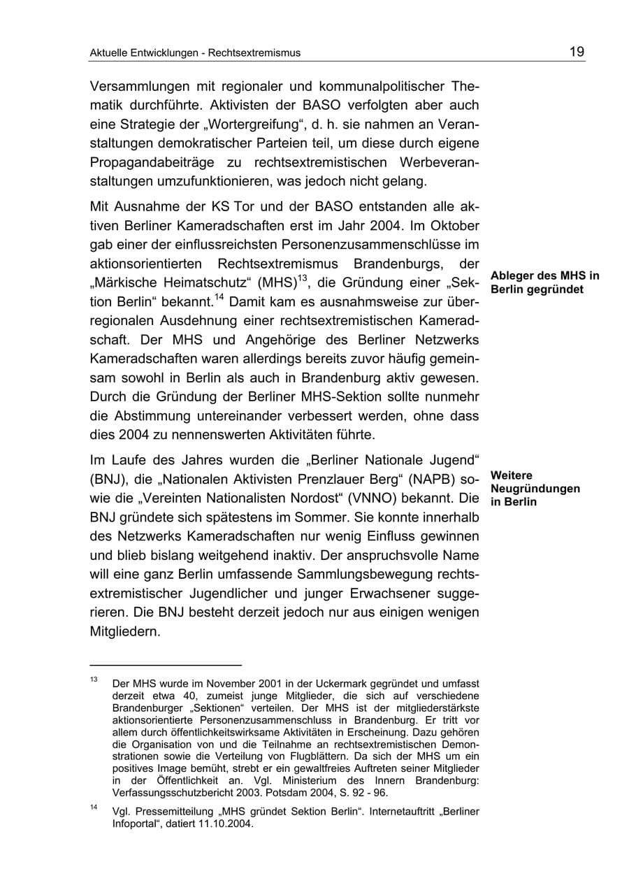 Seite 19 des Verfassungsschutzbericht 2004 Berlin