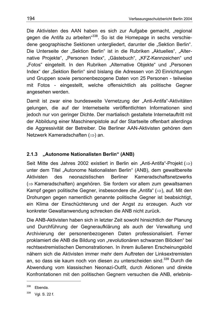 Seite 194 des Verfassungsschutzbericht 2004 Berlin