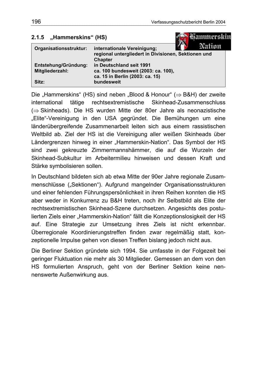 Seite 196 des Verfassungsschutzbericht 2004 Berlin