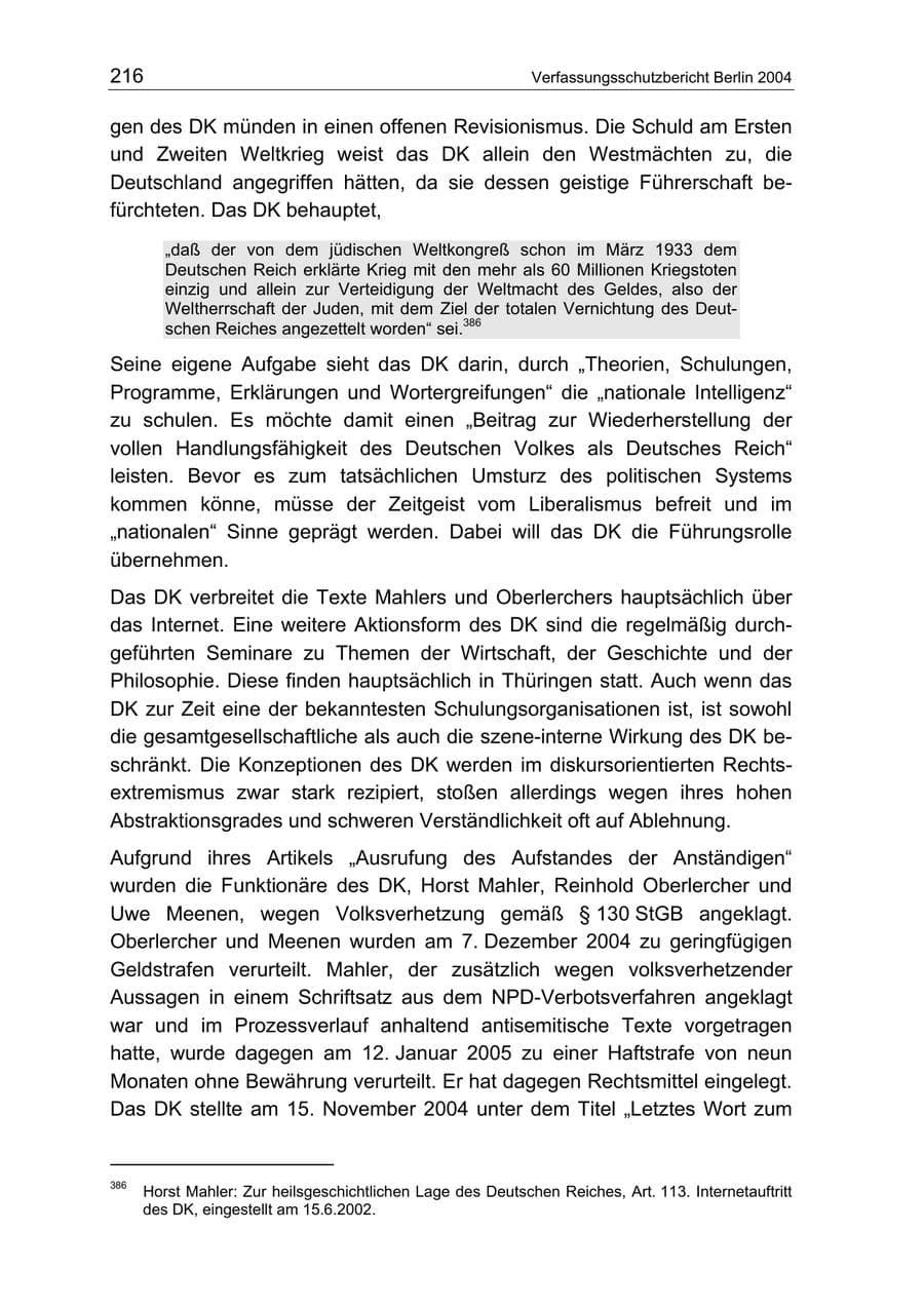 Seite 216 des Verfassungsschutzbericht 2004 Berlin