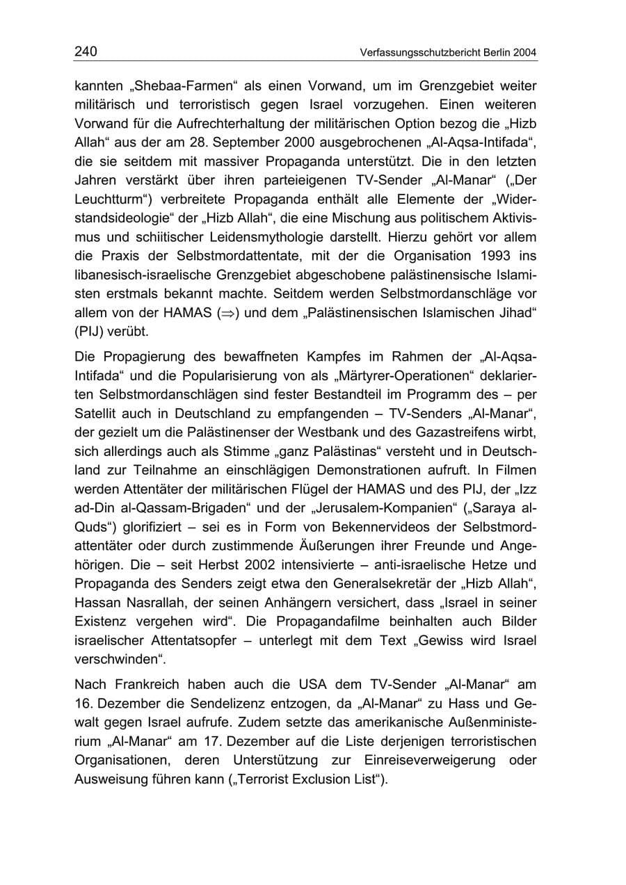 Seite 240 des Verfassungsschutzbericht 2004 Berlin