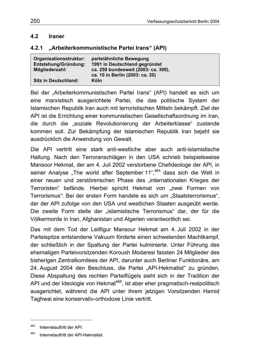 Seite 250 des Verfassungsschutzbericht 2004 Berlin