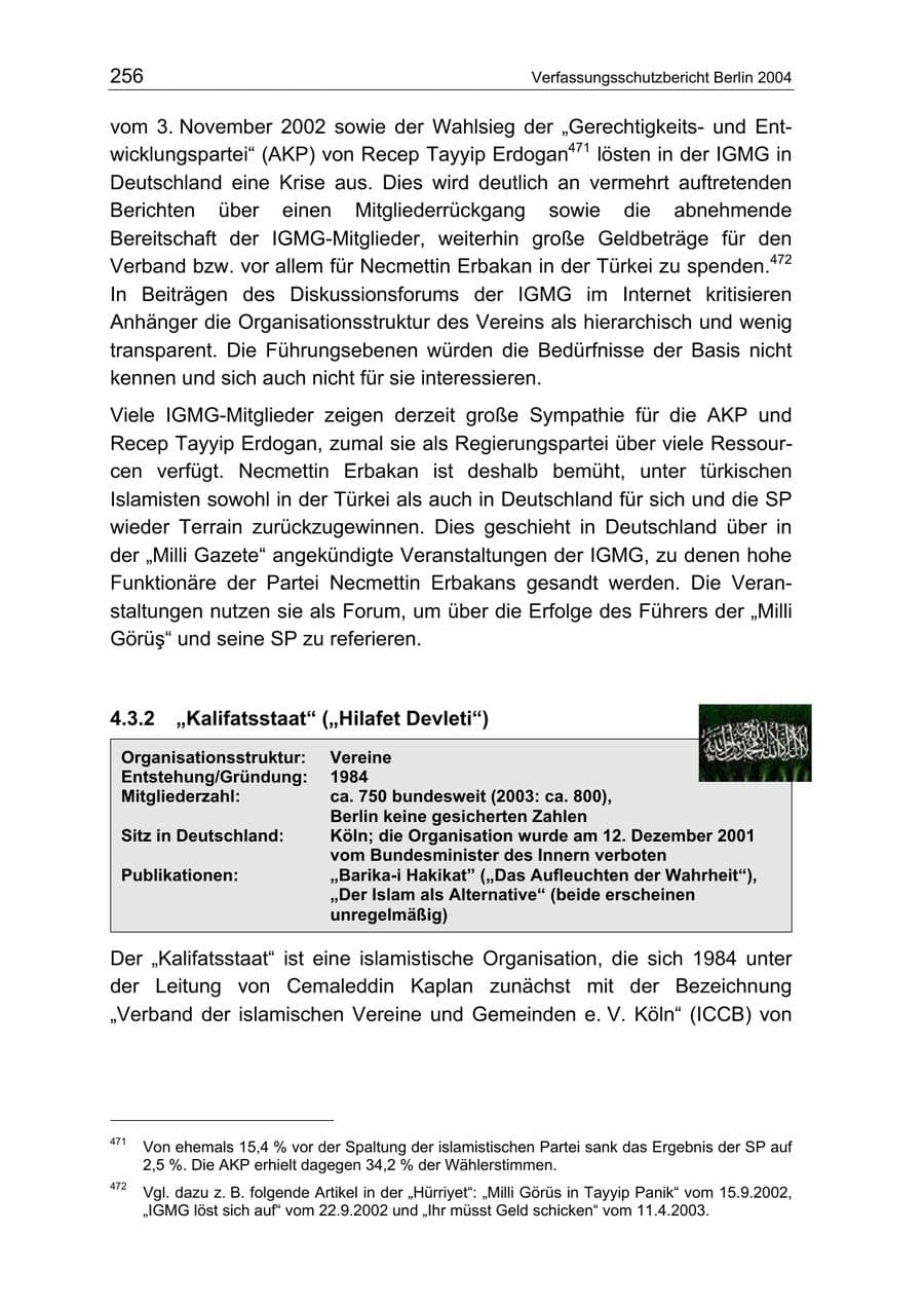 Seite 256 des Verfassungsschutzbericht 2004 Berlin
