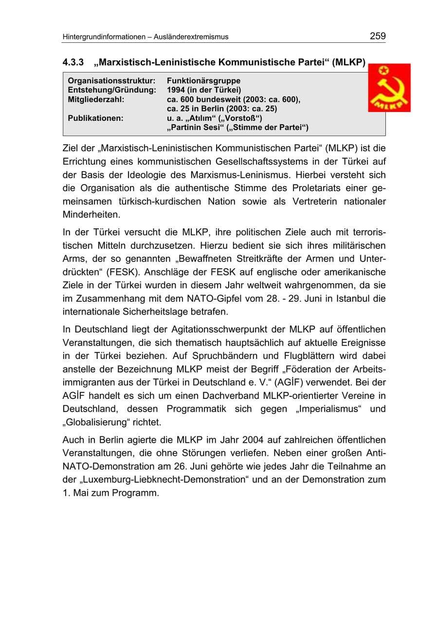 Seite 259 des Verfassungsschutzbericht 2004 Berlin
