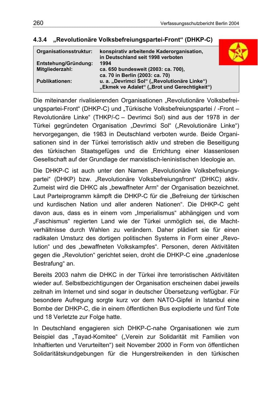 Seite 260 des Verfassungsschutzbericht 2004 Berlin