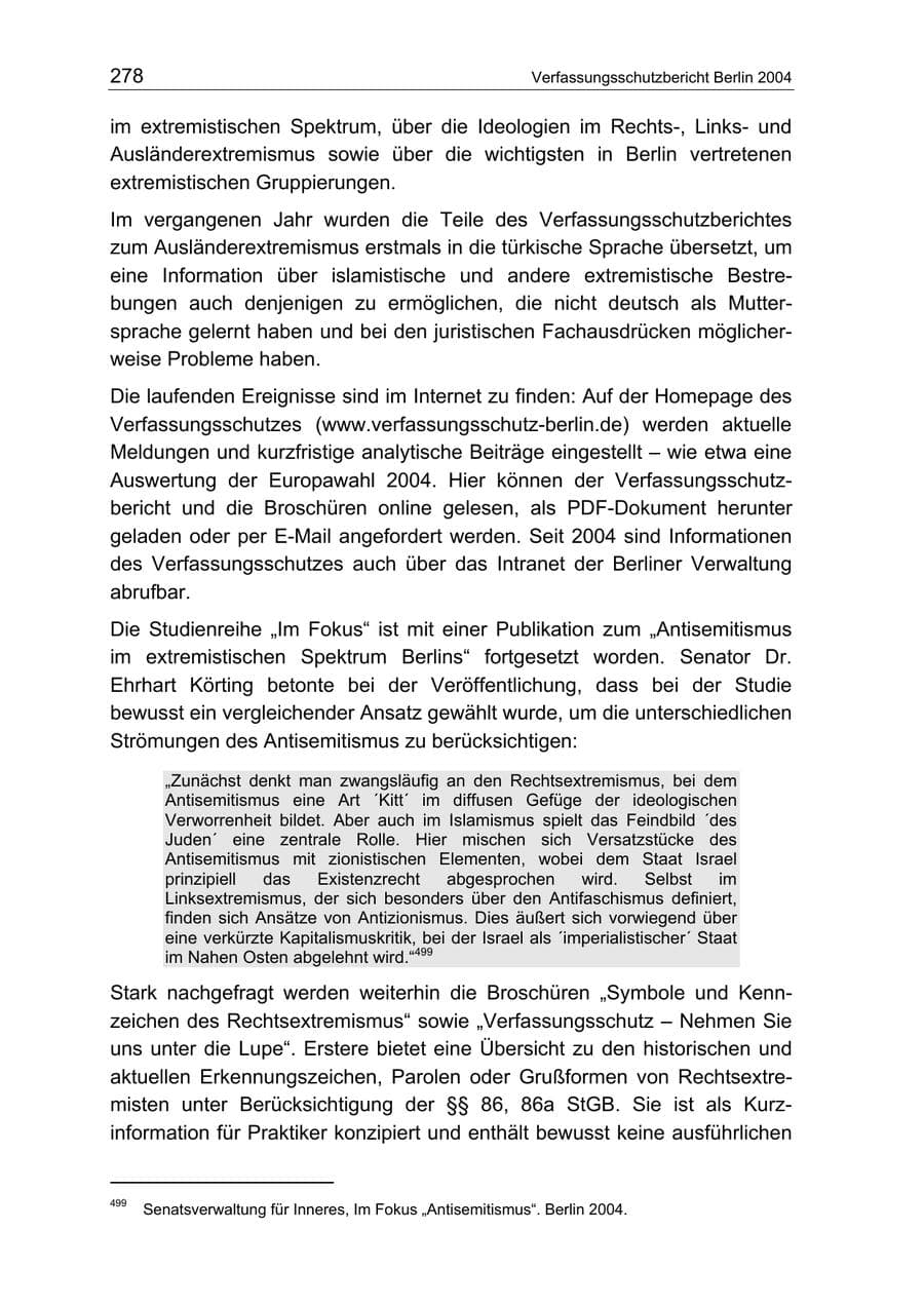 Seite 278 des Verfassungsschutzbericht 2004 Berlin