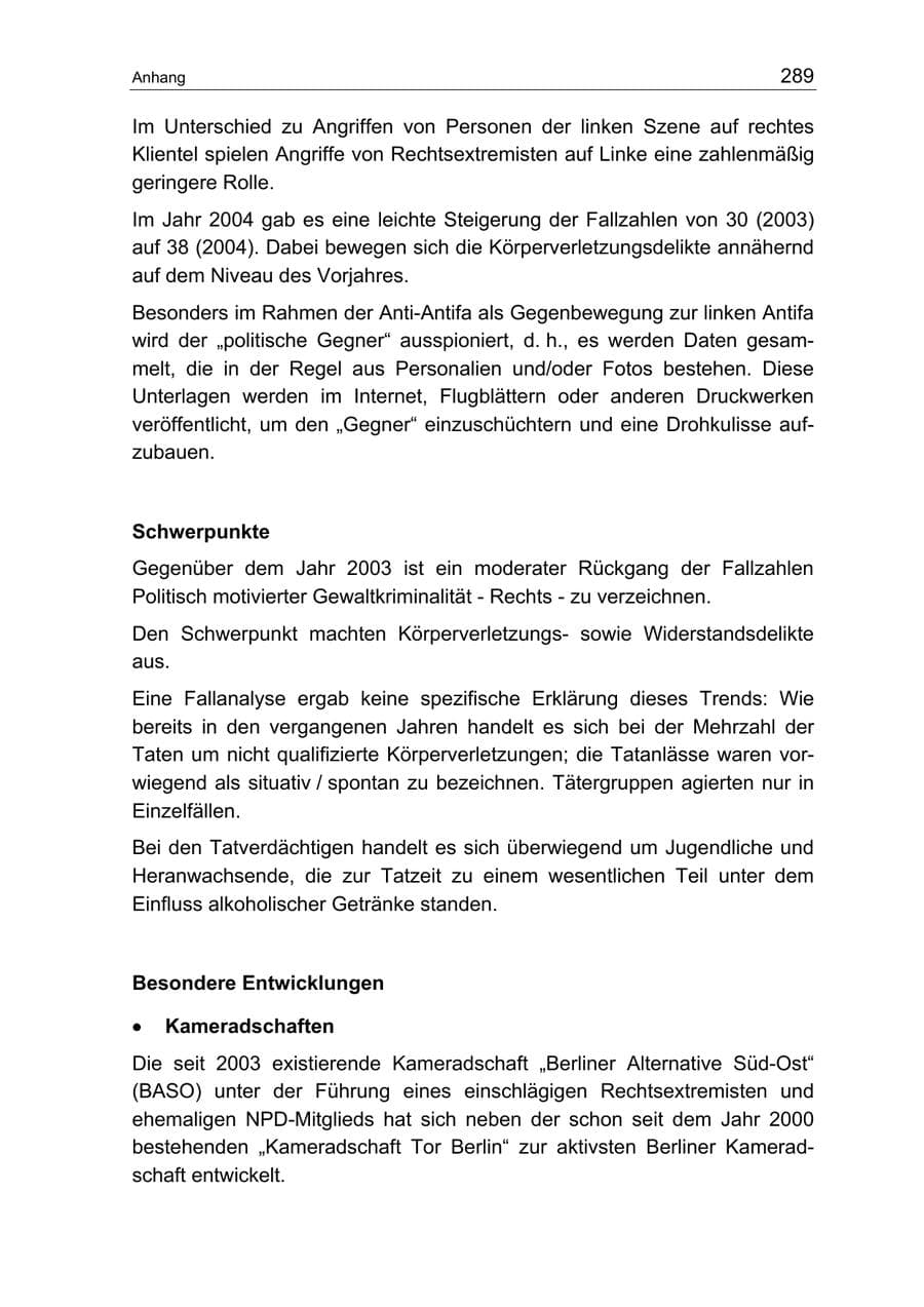 Seite 289 des Verfassungsschutzbericht 2004 Berlin