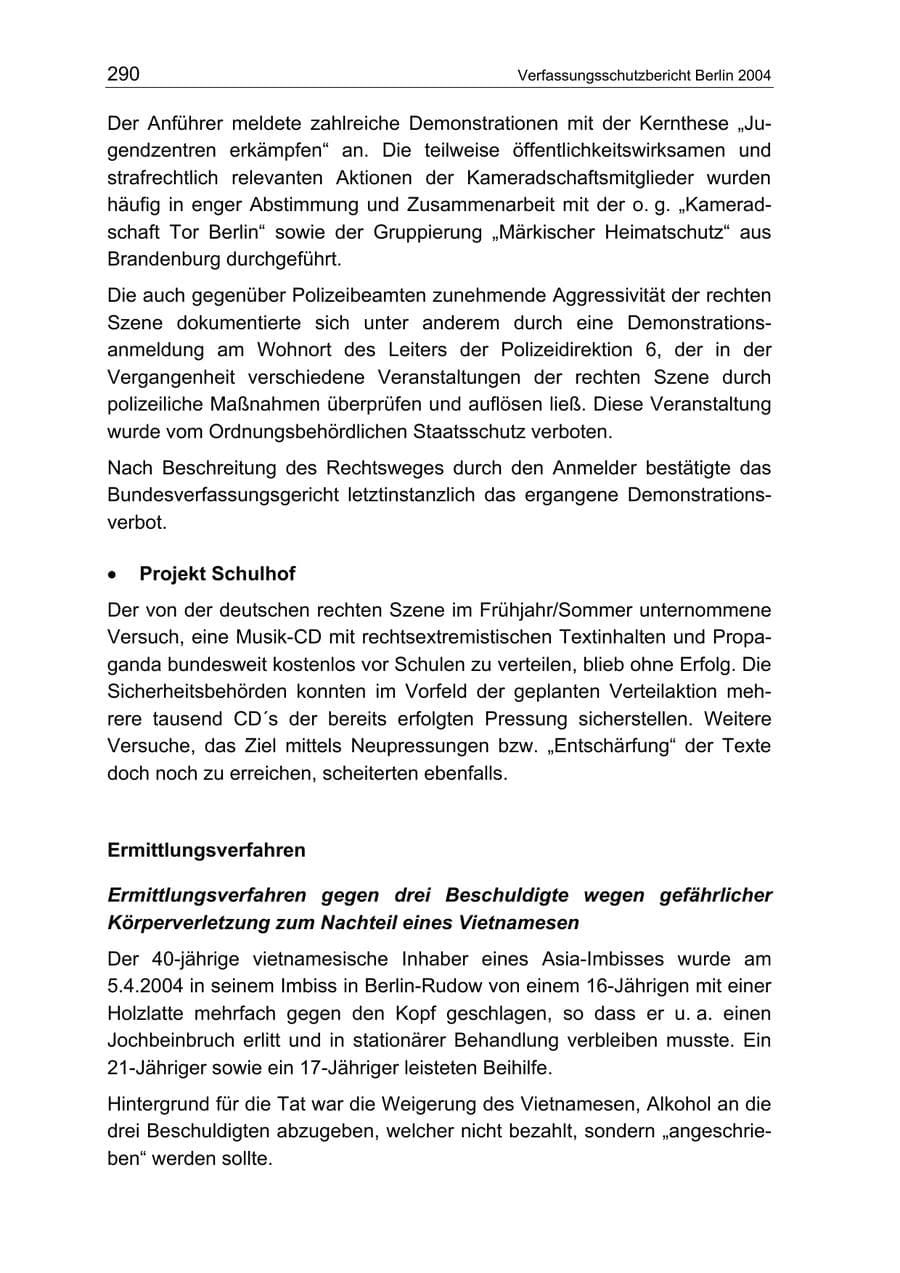 Seite 290 des Verfassungsschutzbericht 2004 Berlin