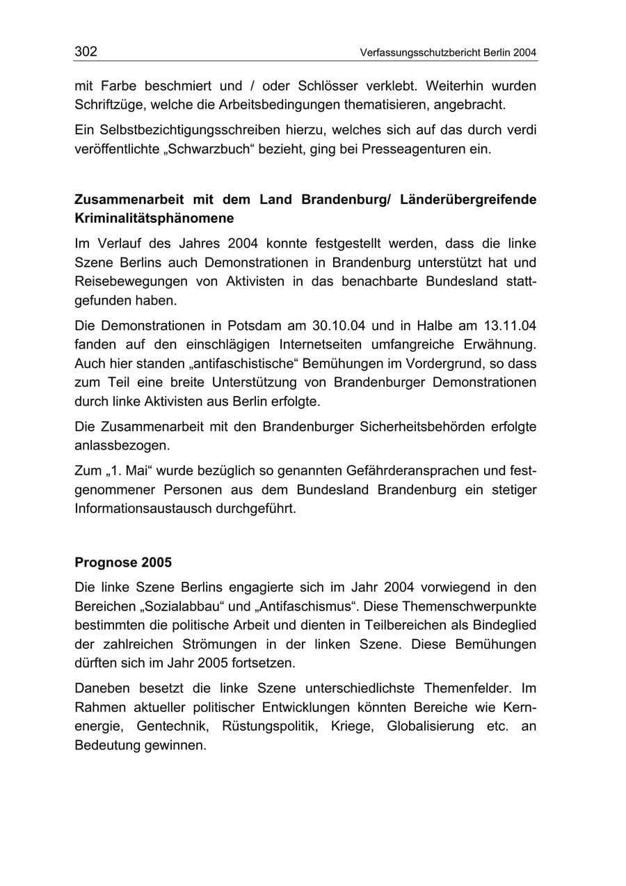 Seite 302 des Verfassungsschutzbericht 2004 Berlin