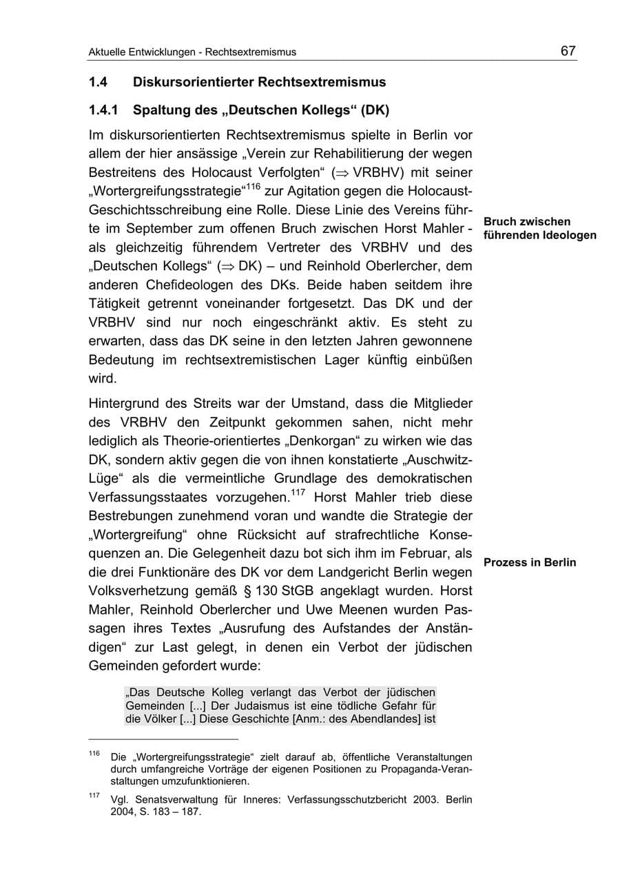 Seite 67 des Verfassungsschutzbericht 2004 Berlin