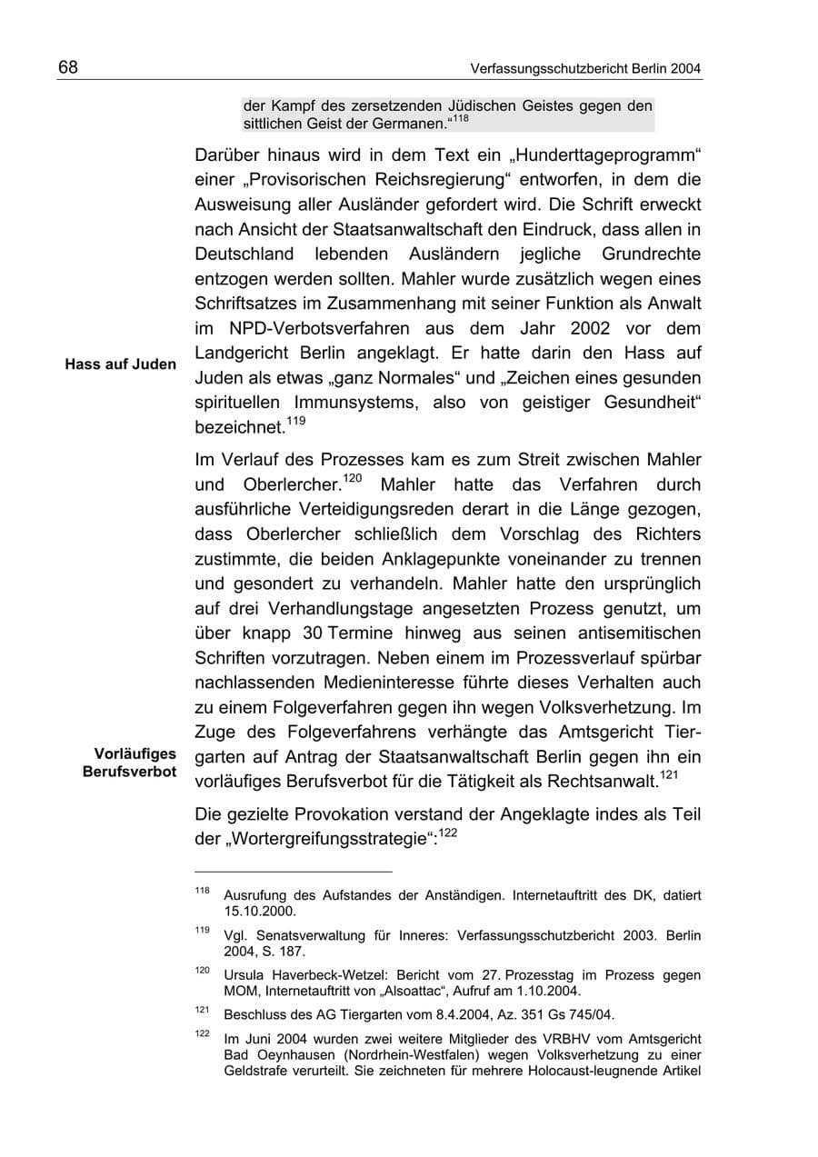 Seite 68 des Verfassungsschutzbericht 2004 Berlin