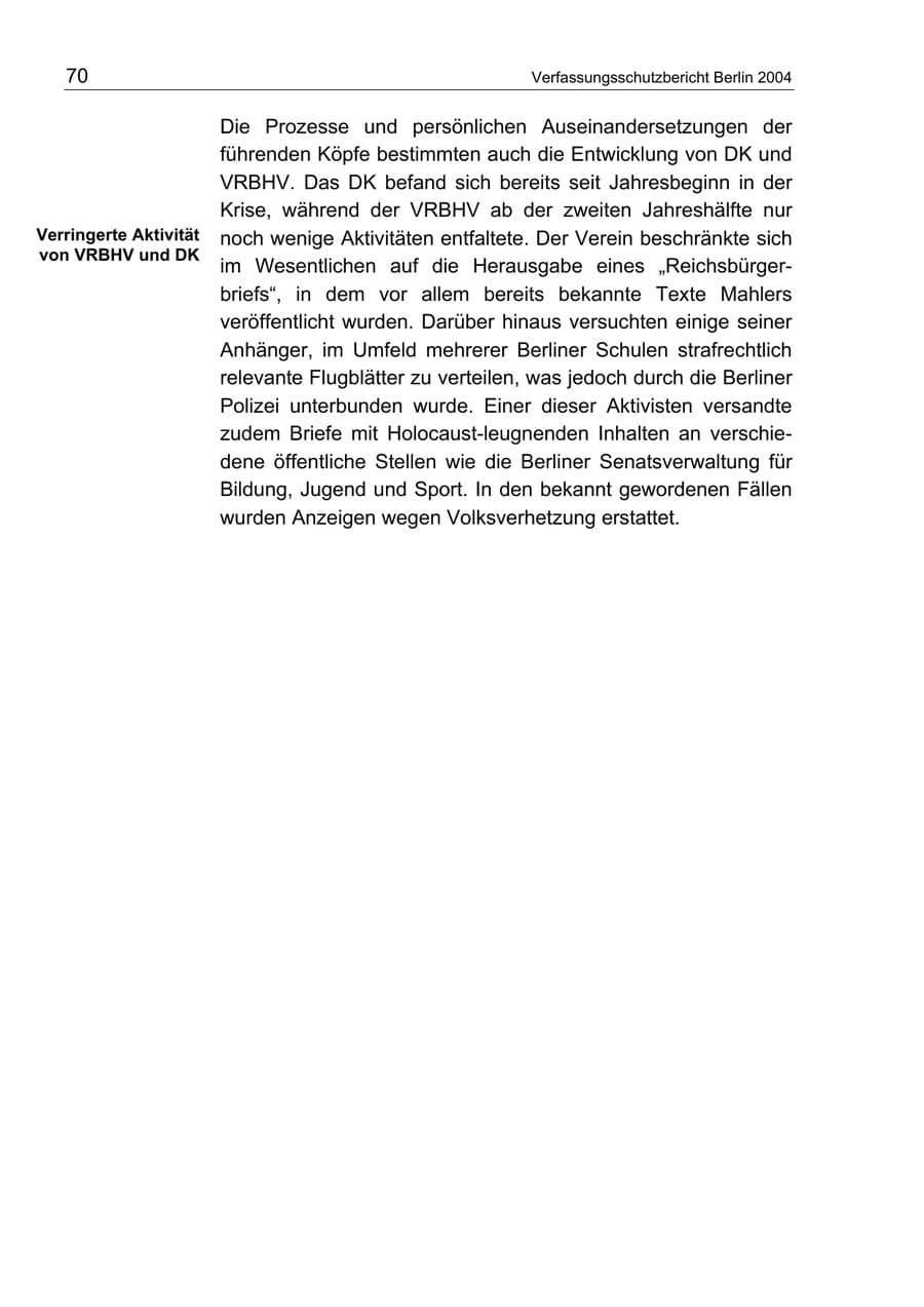 Seite 70 des Verfassungsschutzbericht 2004 Berlin