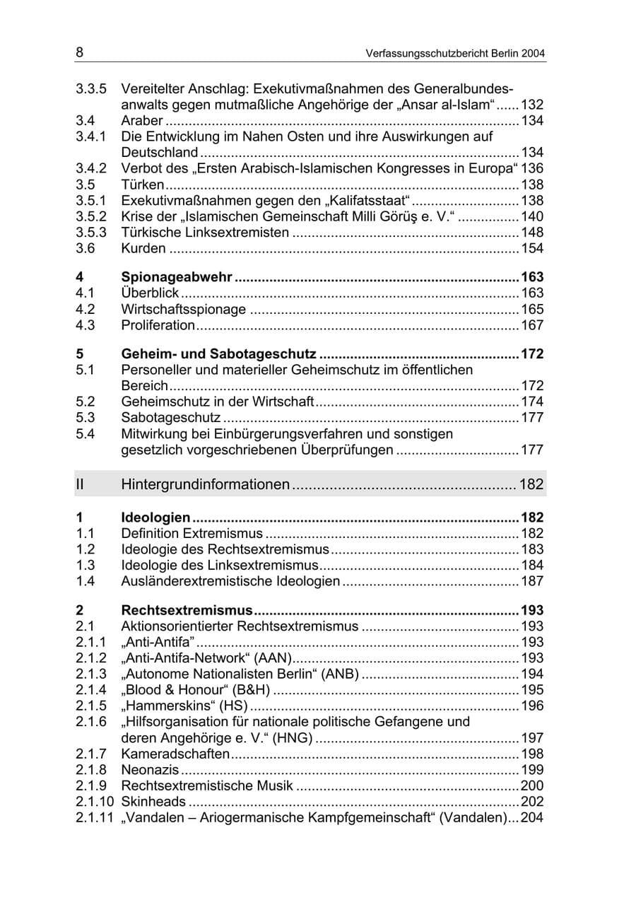 Seite 8 des Verfassungsschutzbericht 2004 Berlin