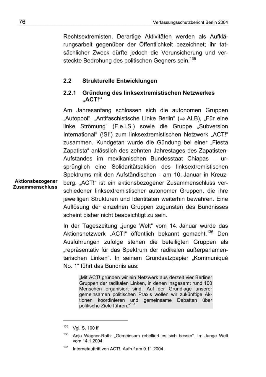 Seite 76 des Verfassungsschutzbericht 2004 Berlin