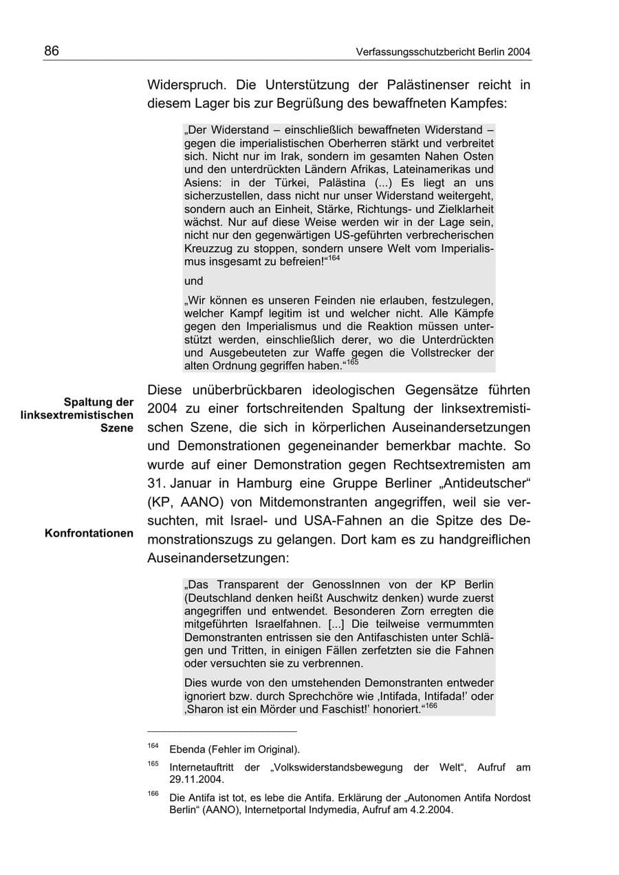 Seite 86 des Verfassungsschutzbericht 2004 Berlin