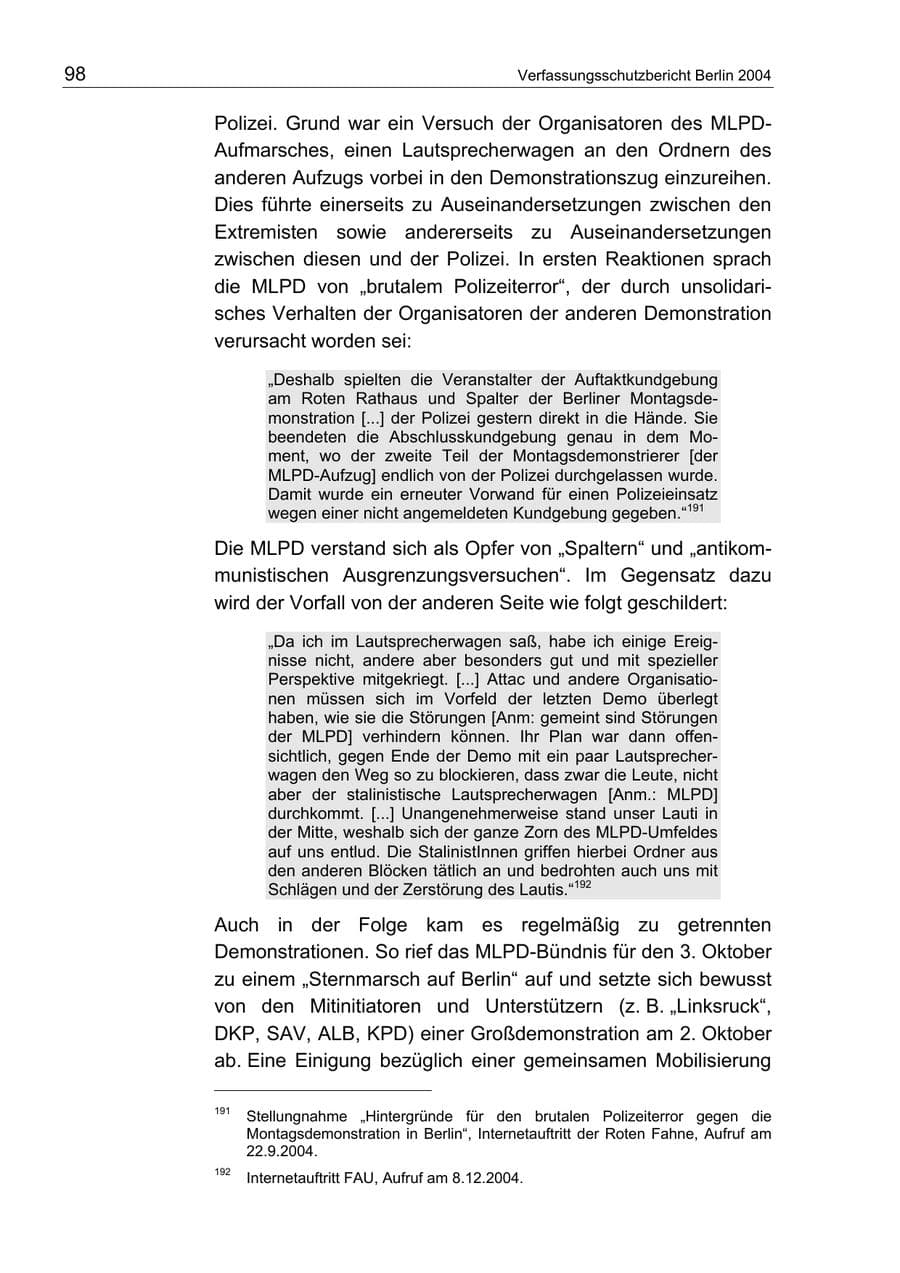 Seite 98 des Verfassungsschutzbericht 2004 Berlin