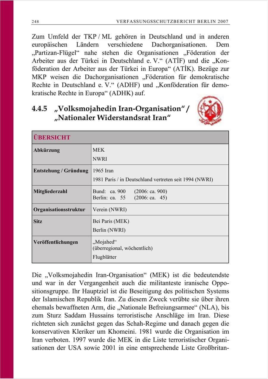 Seite 261 des Verfassungsschutzbericht 2007 Berlin