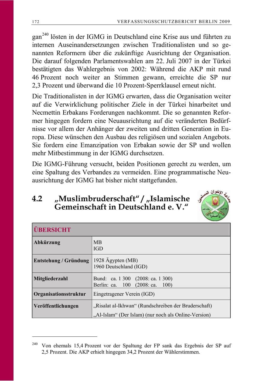Seite 185 des Verfassungsschutzbericht 2009 Berlin