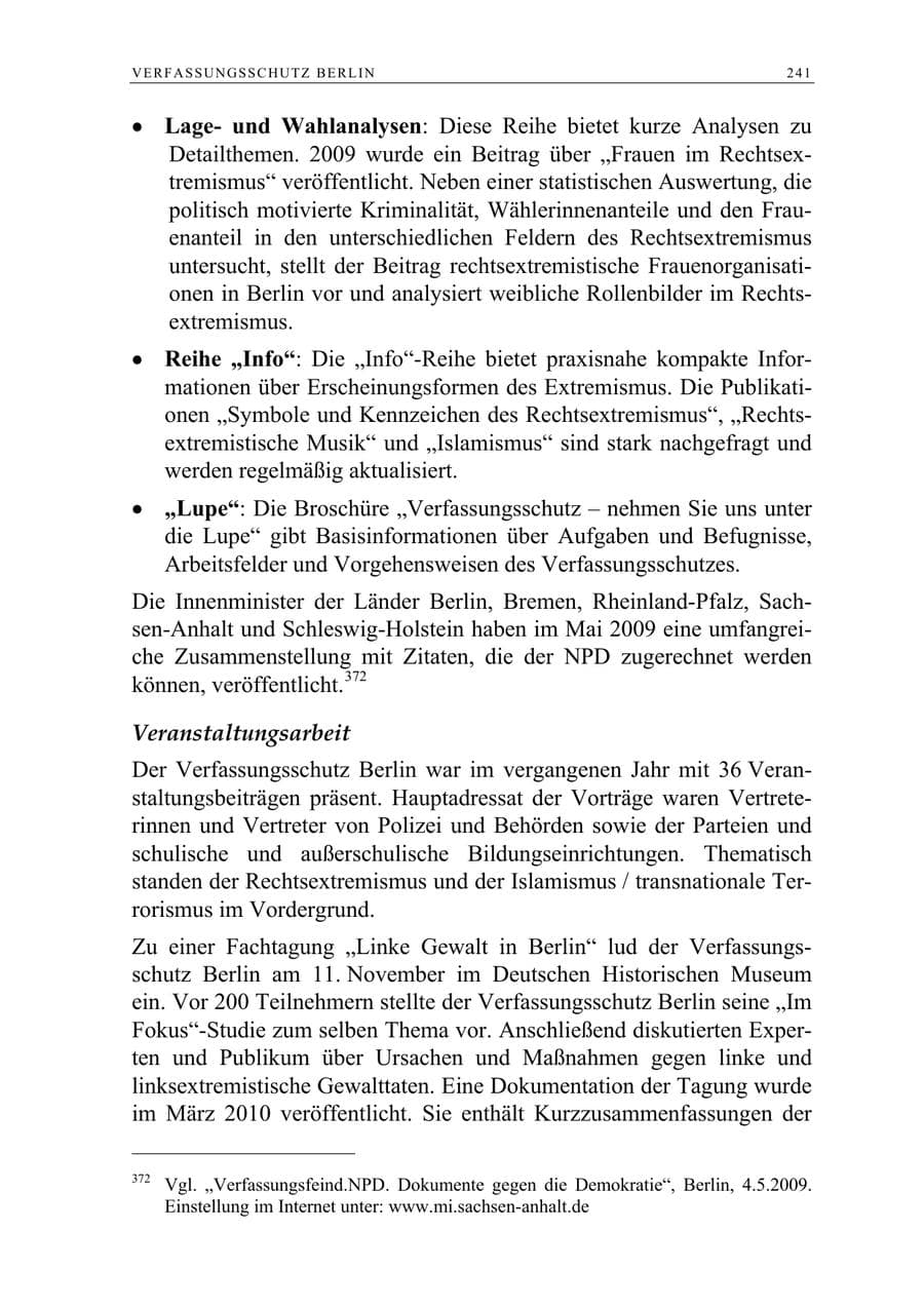 Seite 254 des Verfassungsschutzbericht 2009 Berlin