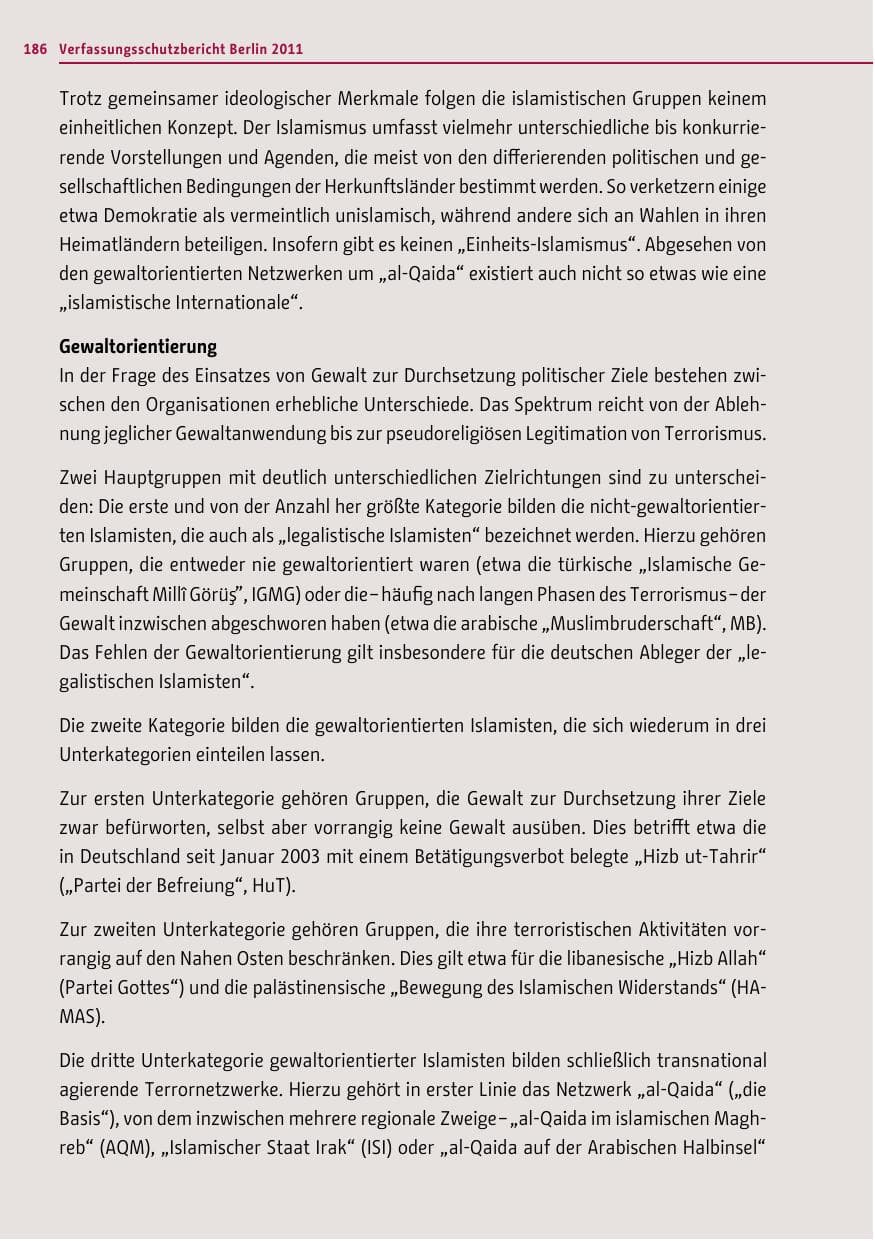 Seite 185 des Verfassungsschutzbericht 2011 Berlin